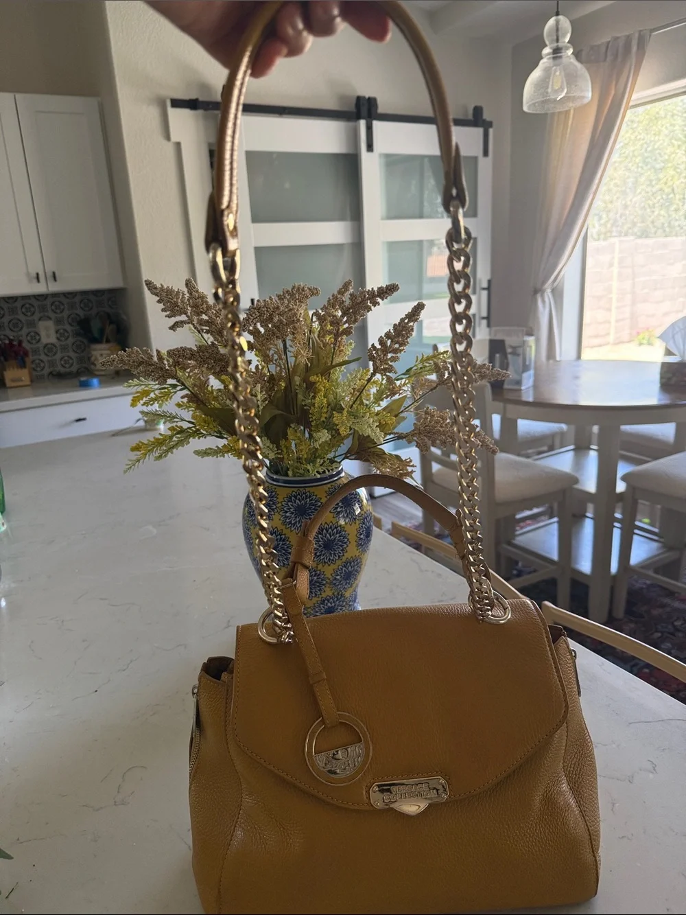 Versace Collection Mustard Yellow Leather Satchel with Gold Chain